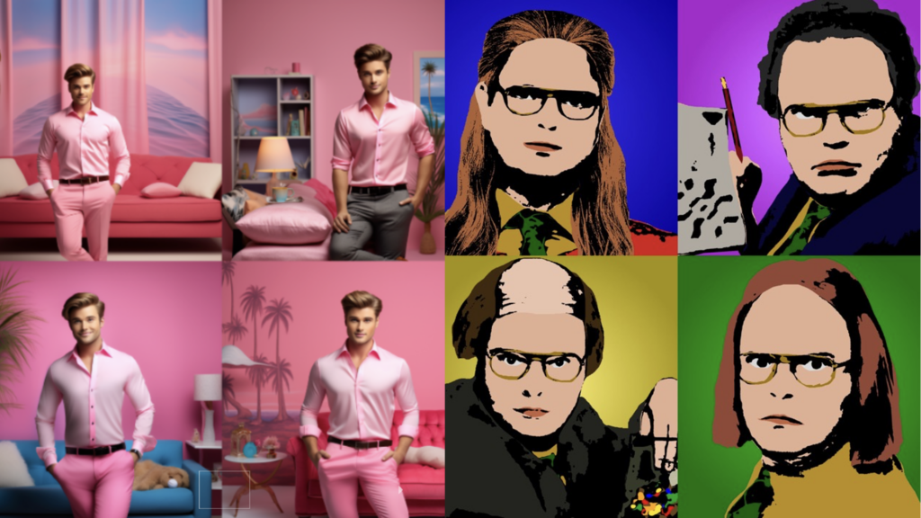 Split image with three men in pink shirts and colorful pop art portraits of a man with glasses. The left showcases casual poses in a vibrant room, while the right displays the same person in various pop art styles and expressions.